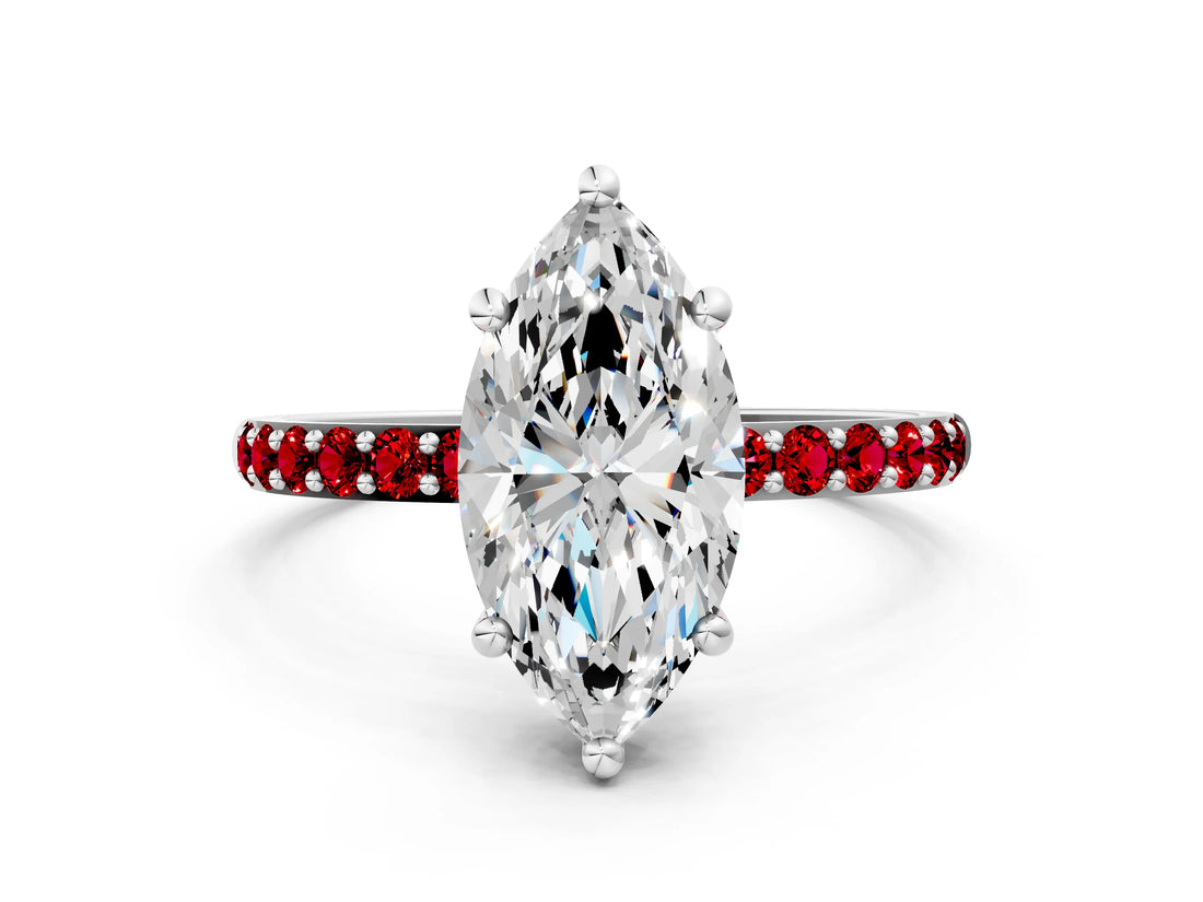 White gold Marquise Cut Diamond Solitaire Ring with Round with Ruby side stone Pavé Band and Prong Setting_24