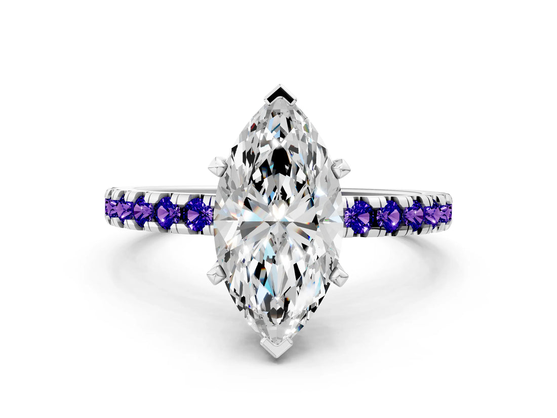 White gold Marquise Cut Diamond Solitaire Ring with Round with Tanzanite side stone Pavé Band and Four-Prong Setting_24