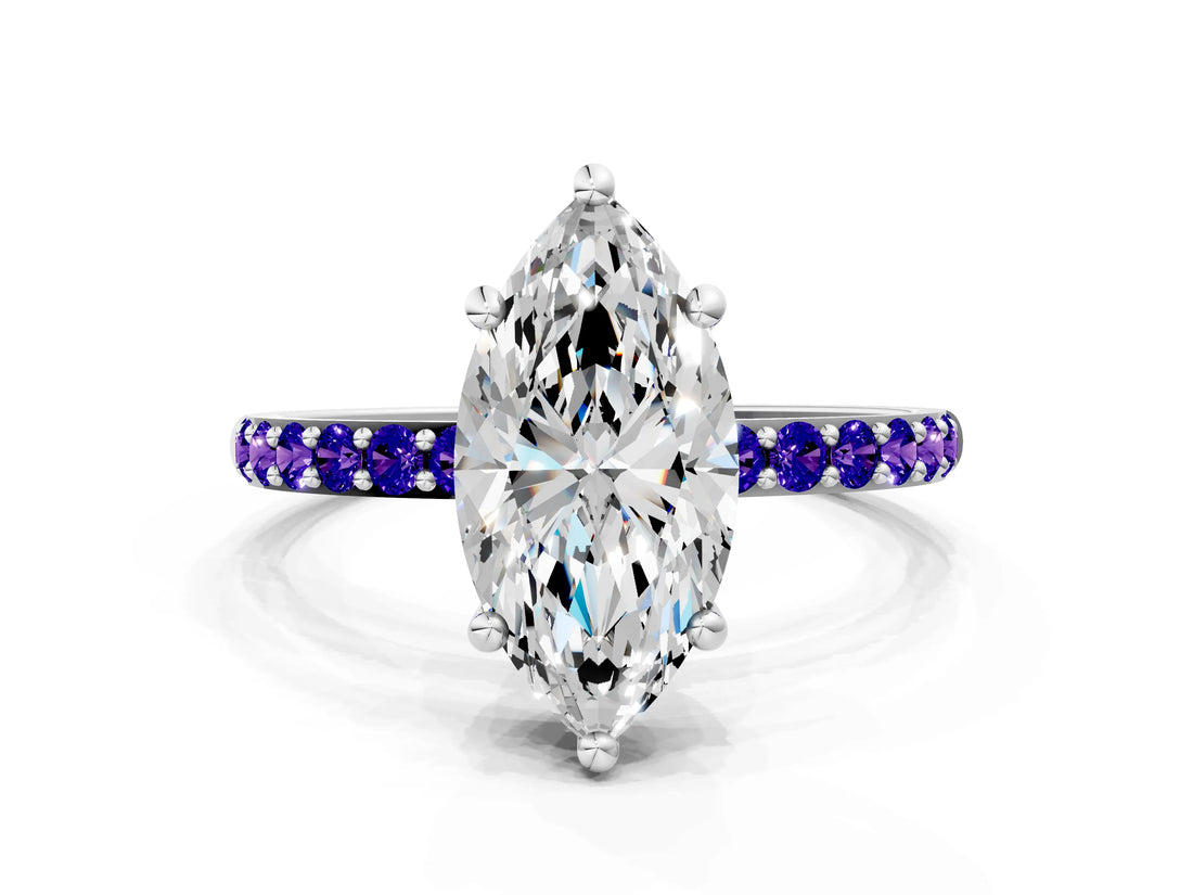 White gold Marquise Cut Diamond Solitaire Ring with Round with Tanzanite side stone Pavé Band and Prong Setting_12