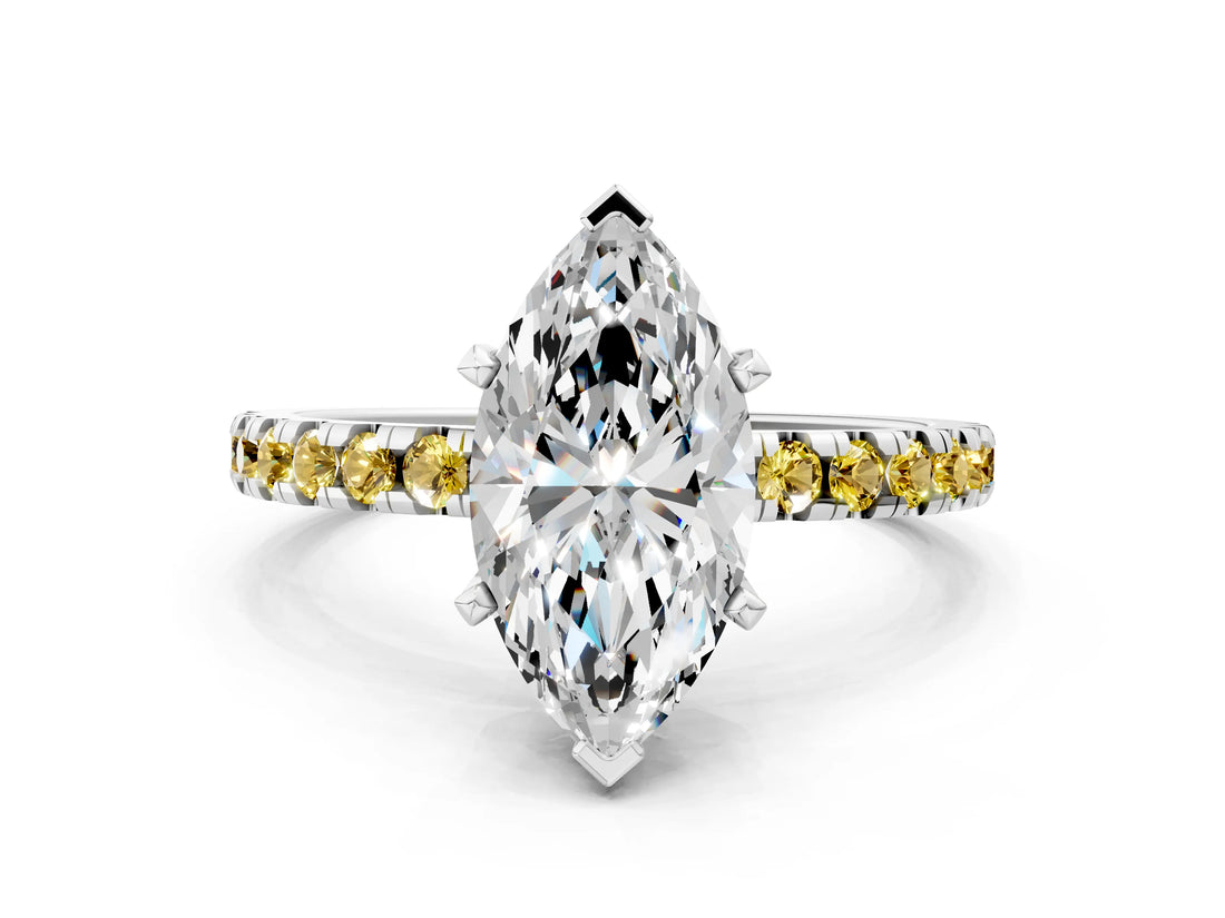 White gold Marquise Cut Diamond Solitaire Ring with Round with Yellow Sapphire side stone Pavé Band and Four-Prong Setting