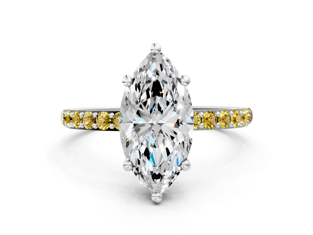 White gold Marquise Cut Diamond Solitaire Ring with Round with Yellow Sapphire side stone Pavé Band and Prong Setting_12