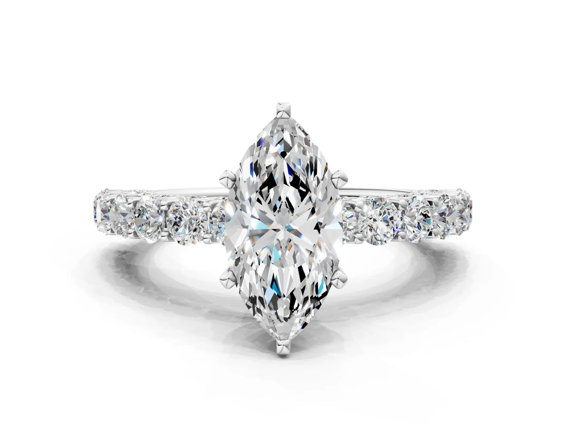 White gold Marquise Cut Diamond Solitaire Ring with Shared Prong Pavé Band and Four-Prong Setting_123