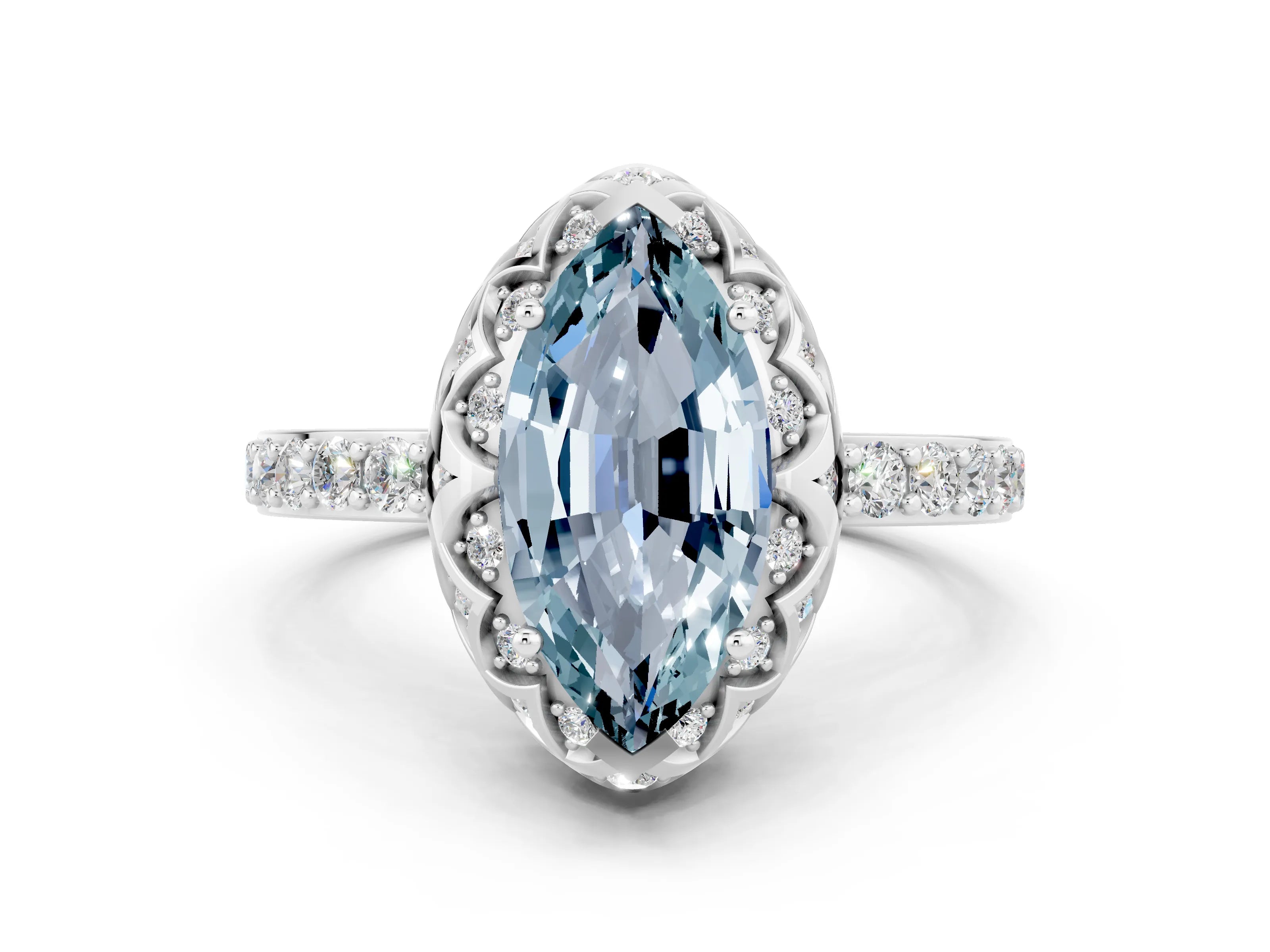 White gold Marquise Cut Diamond Solitaire Ring with Shared Prong Pavé Band