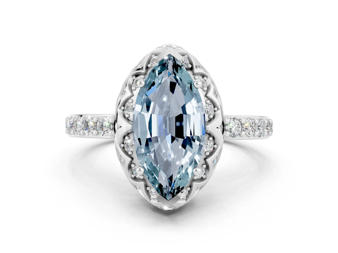 White gold Marquise Cut Diamond Solitaire Ring with Shared Prong Pavé Band