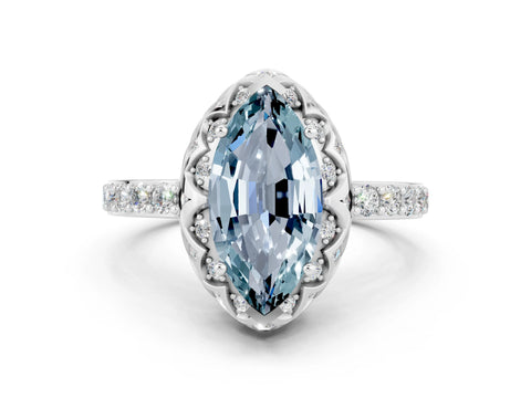 White gold Marquise Cut Diamond Solitaire Ring with Shared Prong Pavé Band