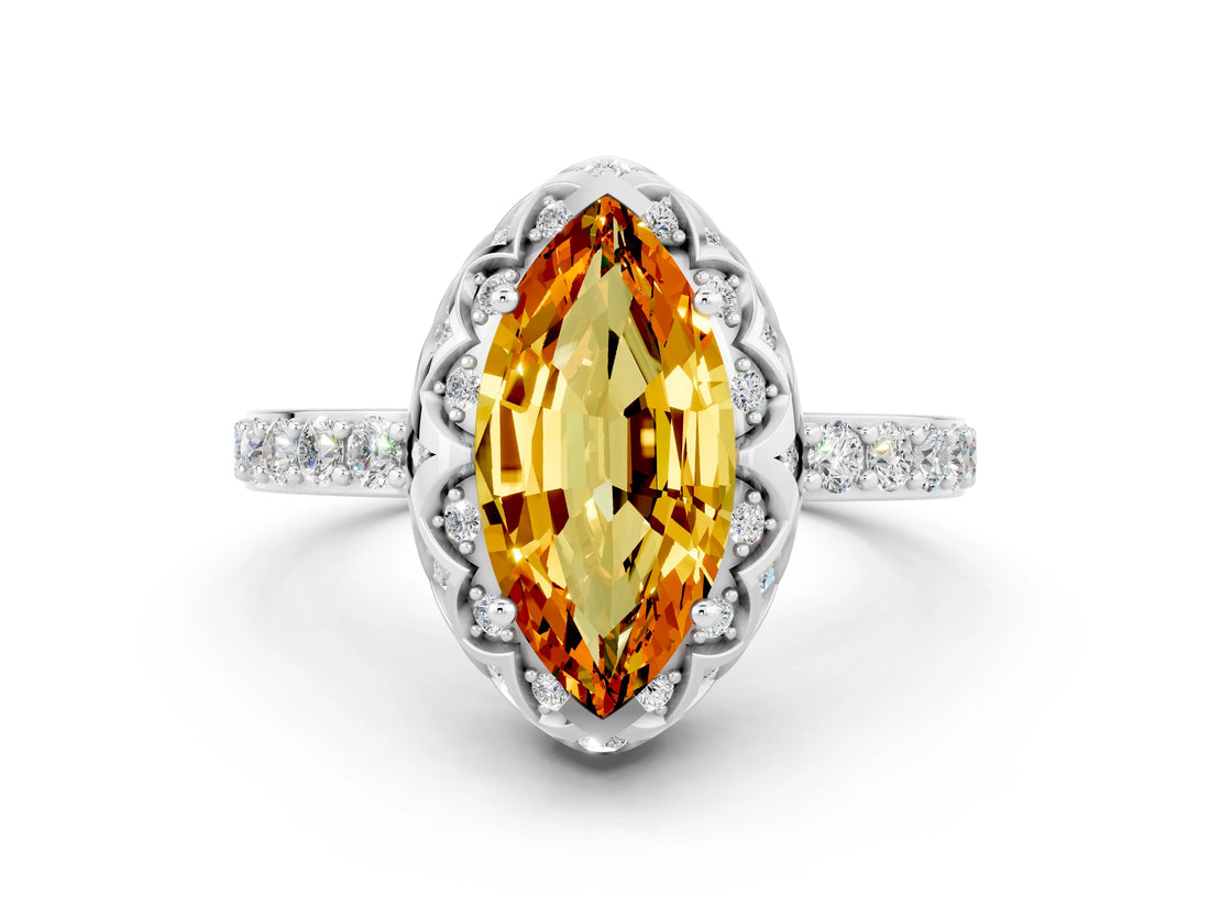 White gold Marquise Cut Diamond Solitaire Ring with Shared Prong Pavé Band