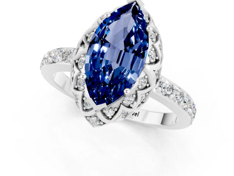 White gold Marquise Cut Diamond Solitaire Ring with Shared Prong Pavé Band_1
