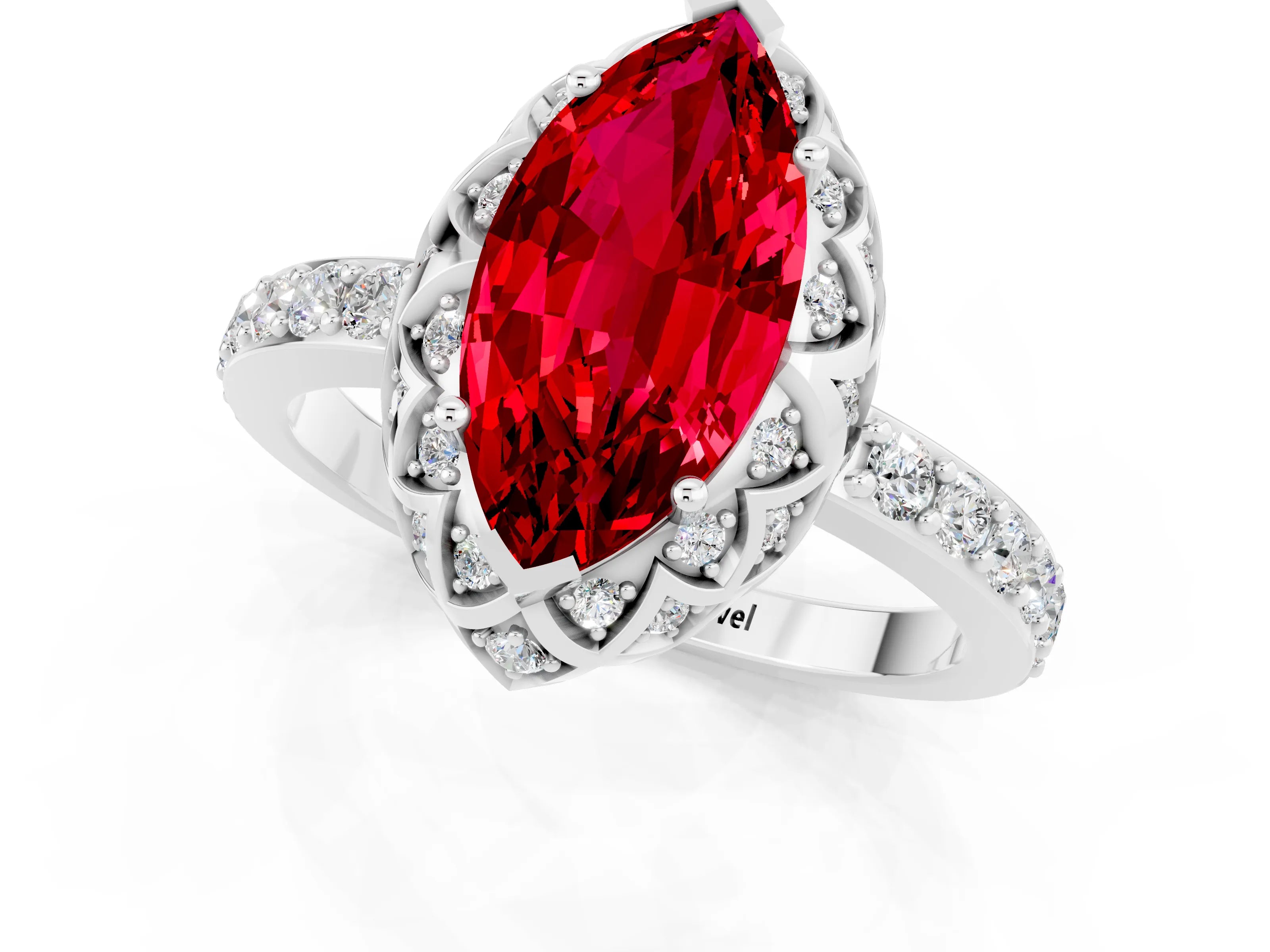 White gold Marquise Cut Diamond Solitaire Ring with Shared Prong Pavé Band_1