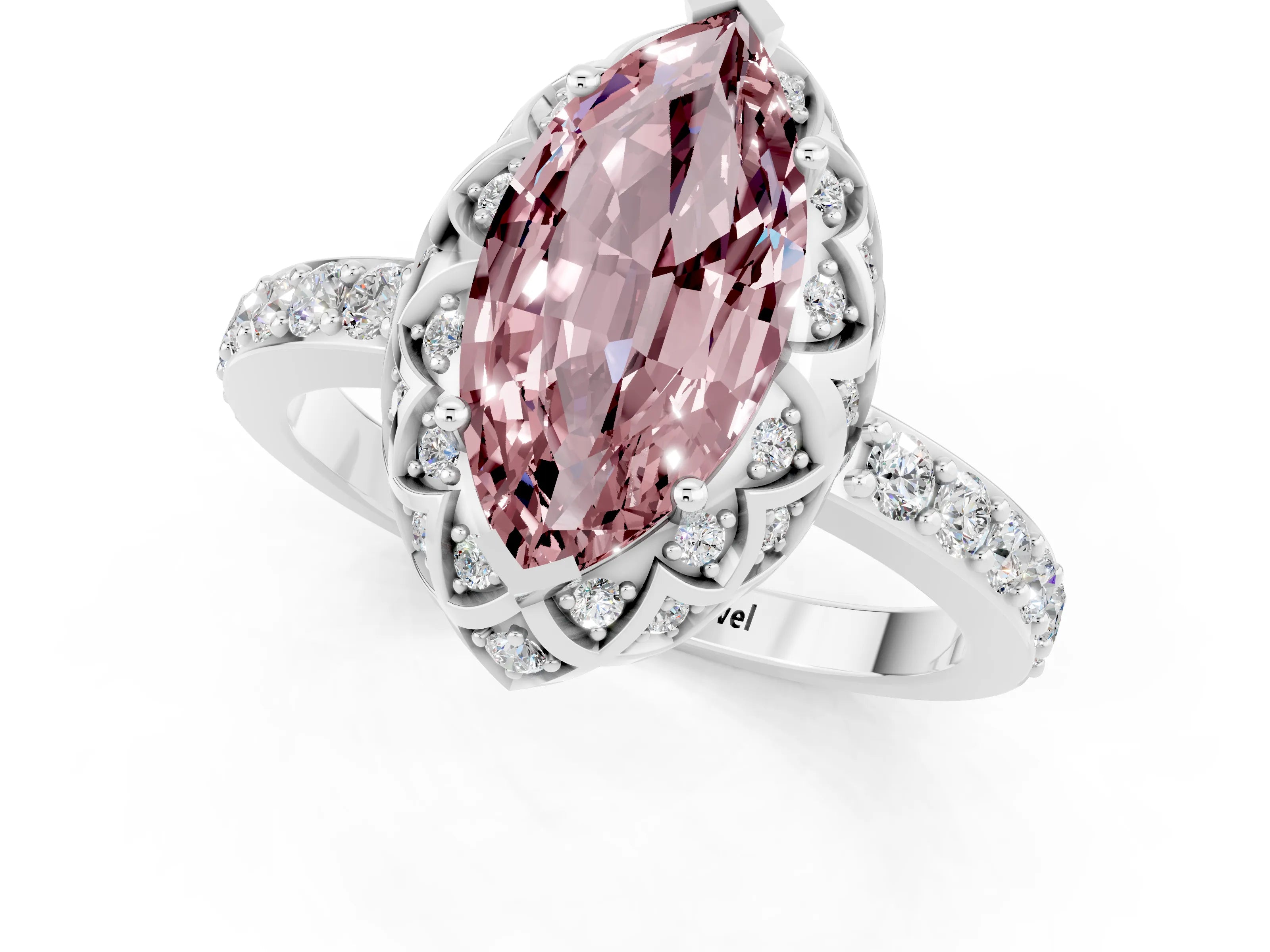 White gold Marquise Cut Diamond Solitaire Ring with Shared Prong Pavé Band_1