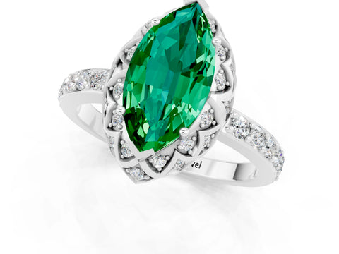 White gold Marquise Cut Diamond Solitaire Ring with Shared Prong Pavé Band_1