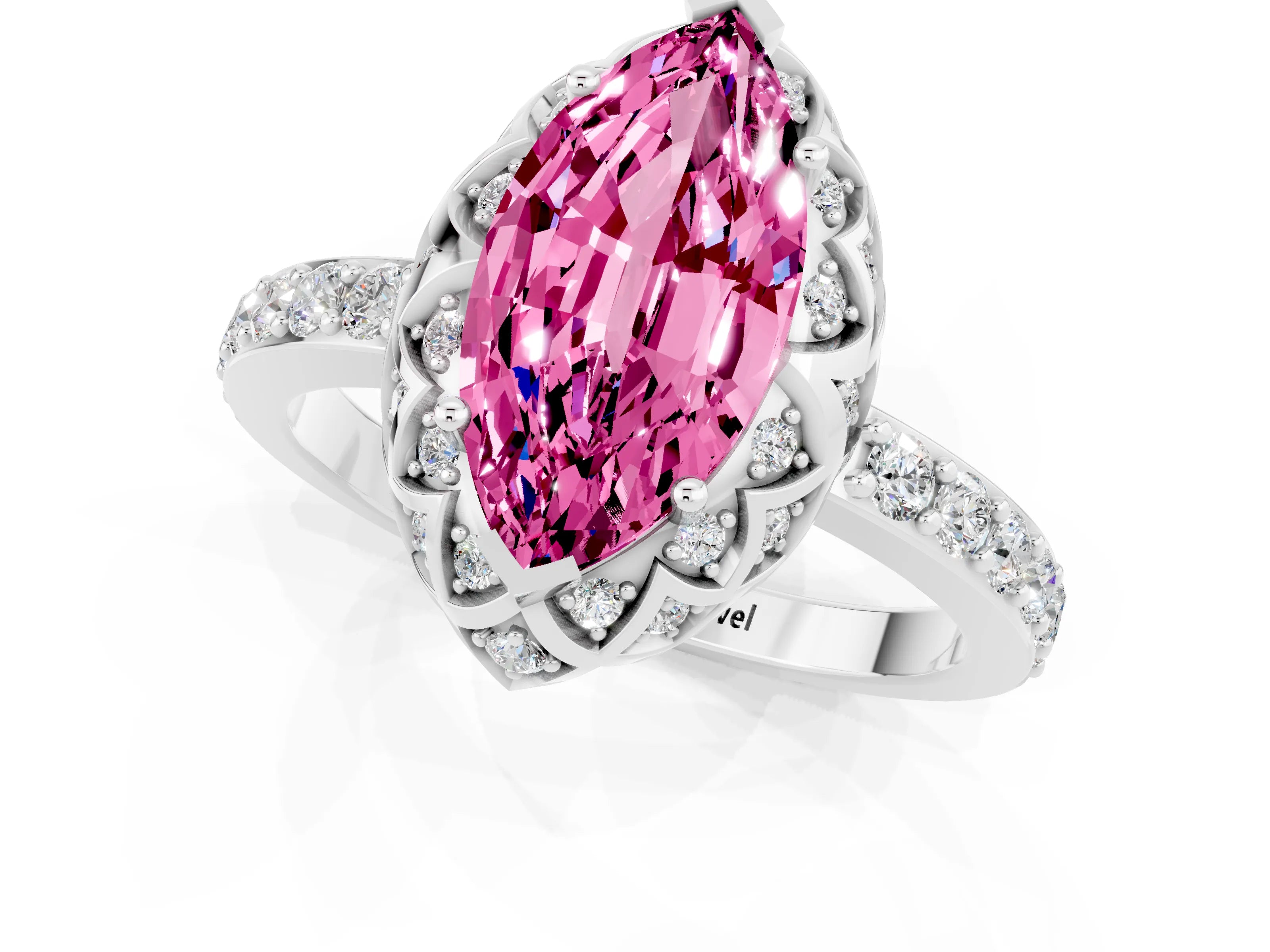 White gold Marquise Cut Diamond Solitaire Ring with Shared Prong Pavé Band_1