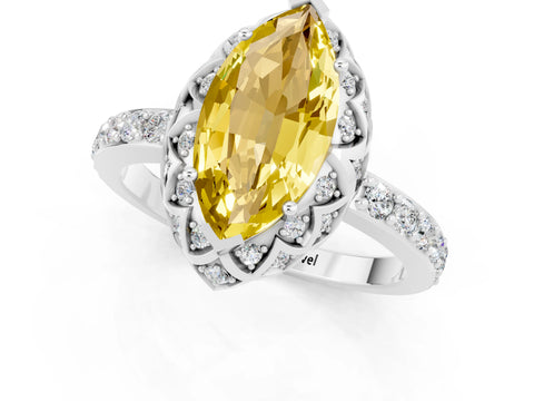 White gold Marquise Cut Diamond Solitaire Ring with Shared Prong Pavé Band_1