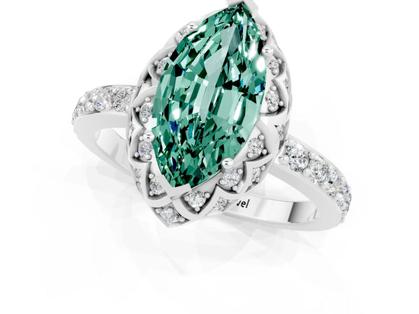 Silver Marquise Cut Green Sapphire Scalloped Halo Engagement Ring with Round Shared Prong Band