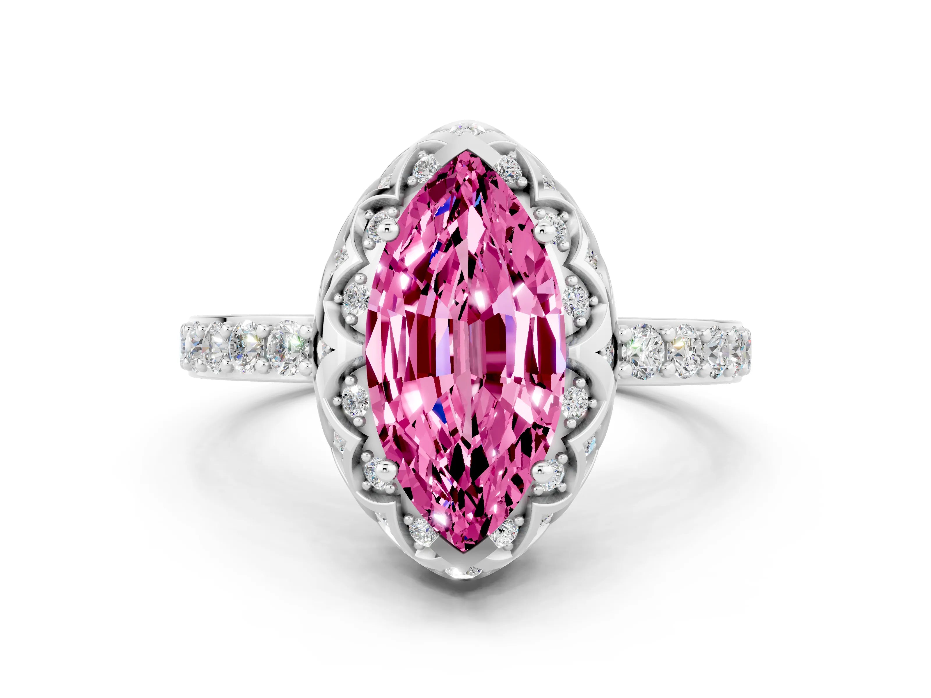 White gold Marquise Cut Diamond Solitaire Ring with Shared Prong Pavé Band