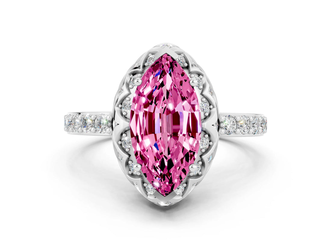 White gold Marquise Cut Diamond Solitaire Ring with Shared Prong Pavé Band