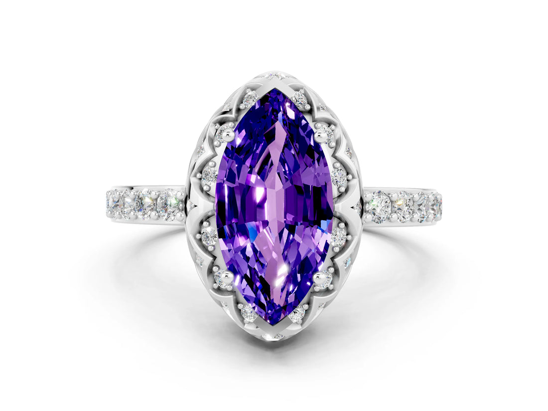 White gold Marquise Cut Diamond Solitaire Ring with Shared Prong Pavé Band