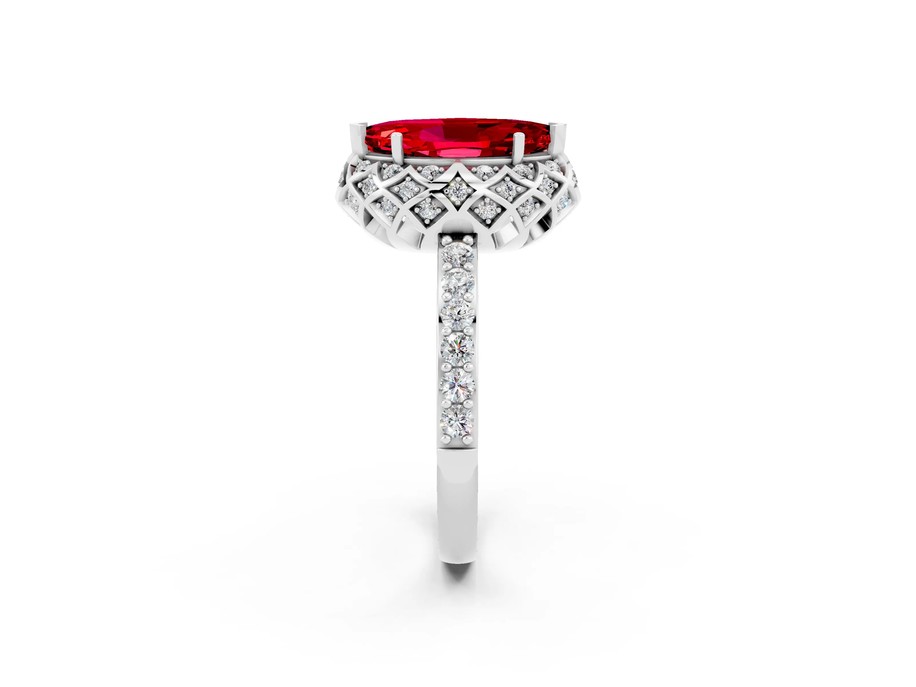 White gold Marquise Cut Diamond Solitaire Ring with Shared Prong Pavé Band_2