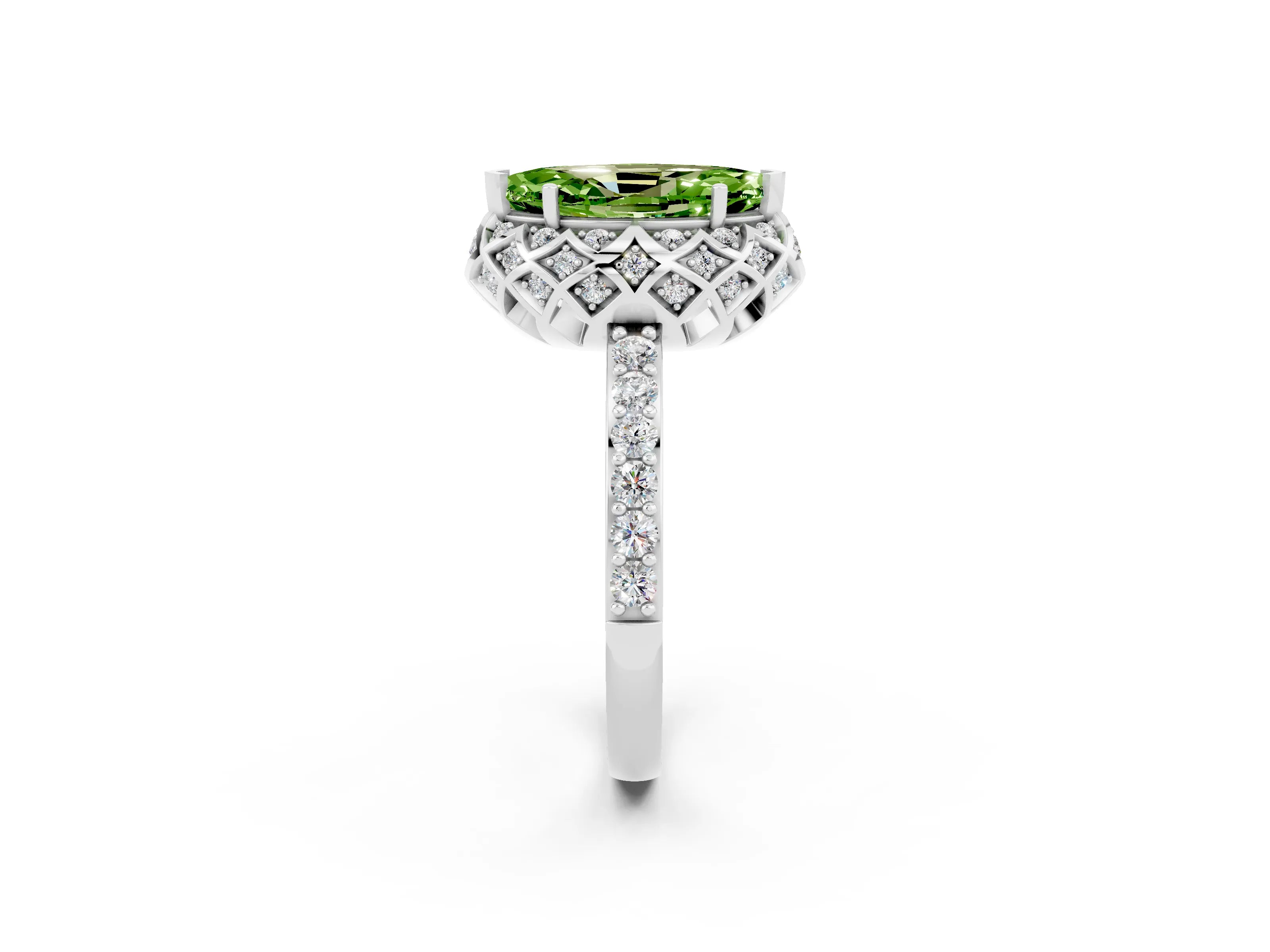White gold Marquise Cut Diamond Solitaire Ring with Shared Prong Pavé Band_2