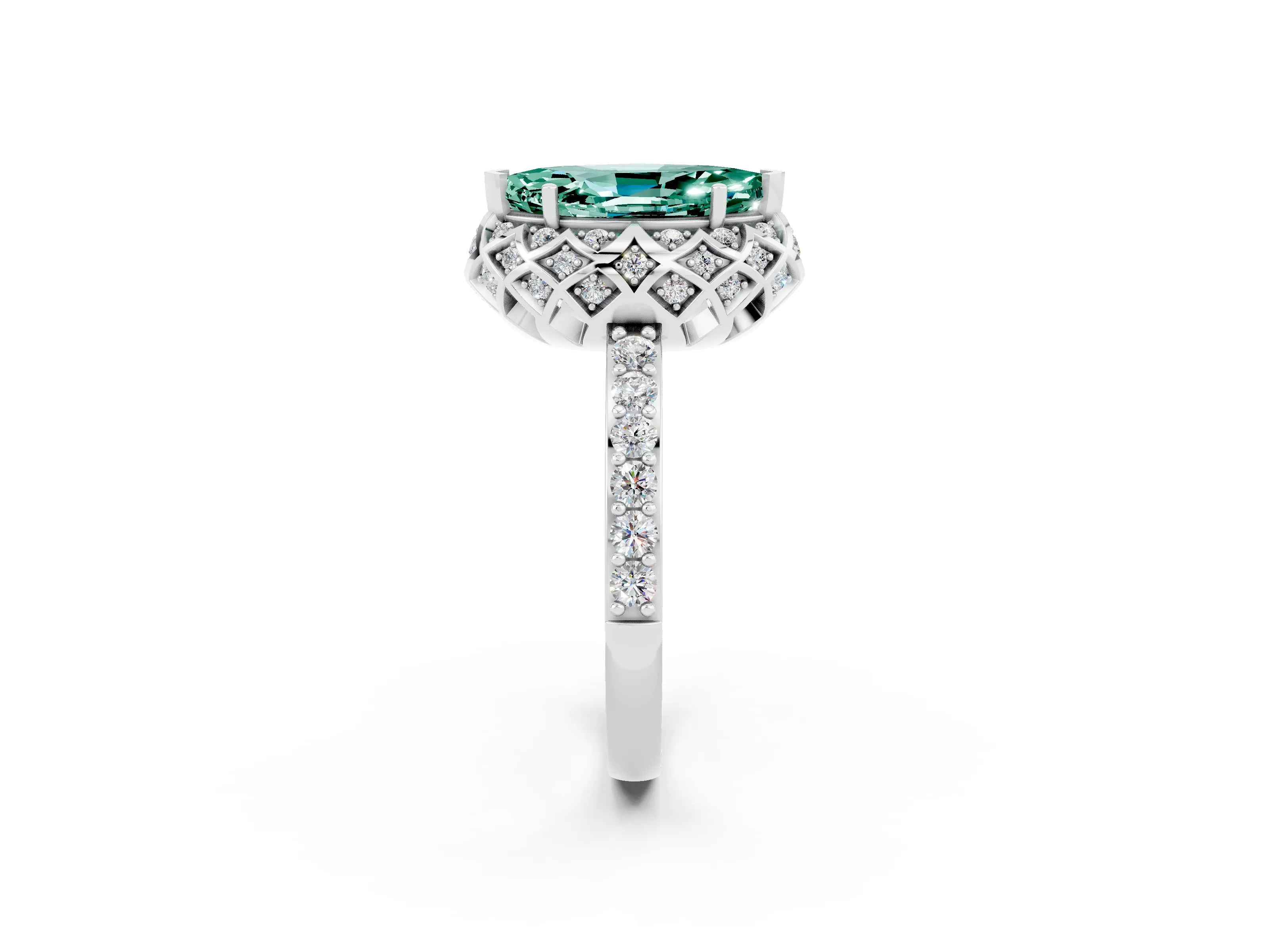 White gold Marquise Cut Diamond Solitaire Ring with Shared Prong Pavé Band_2