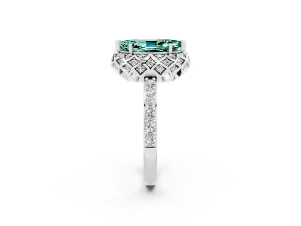Platinum Marquise Cut Green Sapphire Scalloped Halo Engagement Ring with Round Shared Prong Band