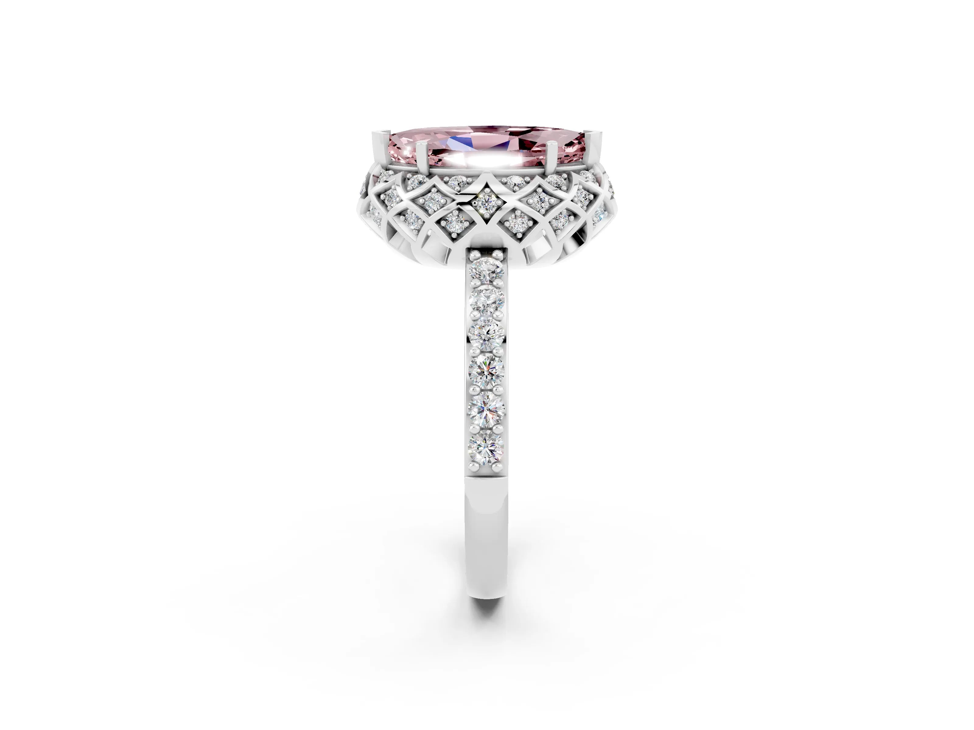 White gold Marquise Cut Diamond Solitaire Ring with Shared Prong Pavé Band_2