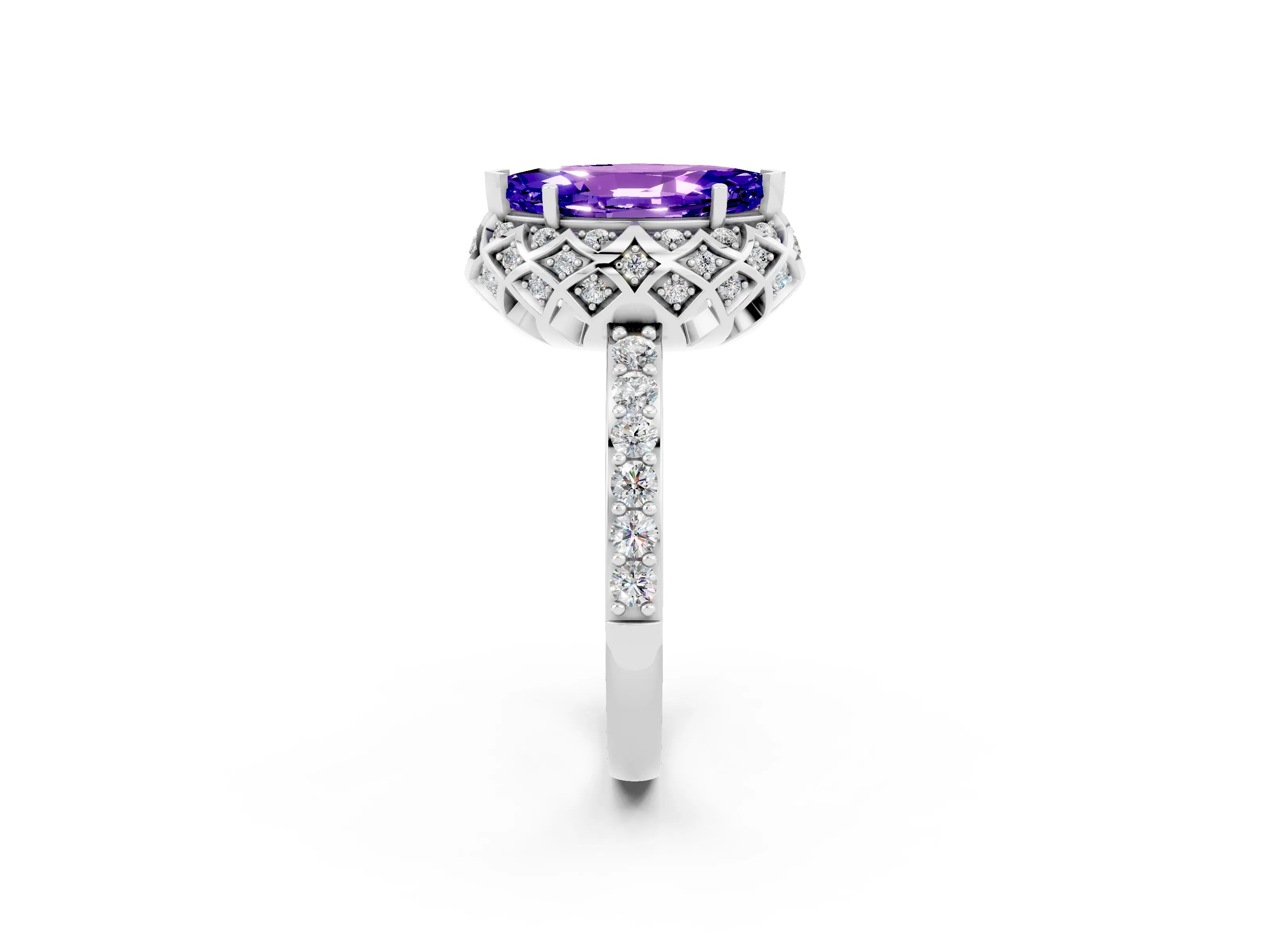 White gold Marquise Cut Diamond Solitaire Ring with Shared Prong Pavé Band_2