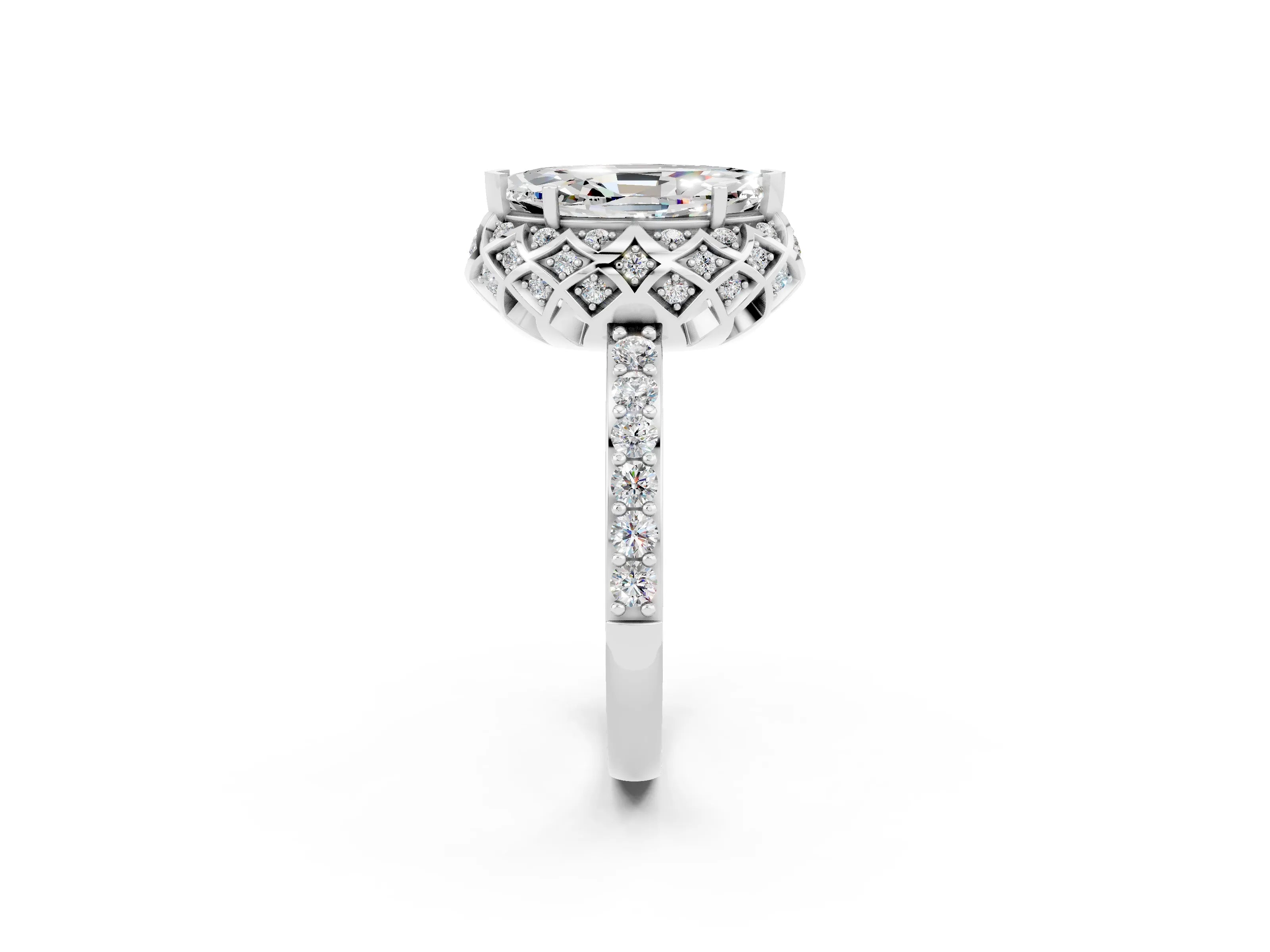 White gold Marquise Cut Diamond Solitaire Ring with Shared Prong Pavé Band_2