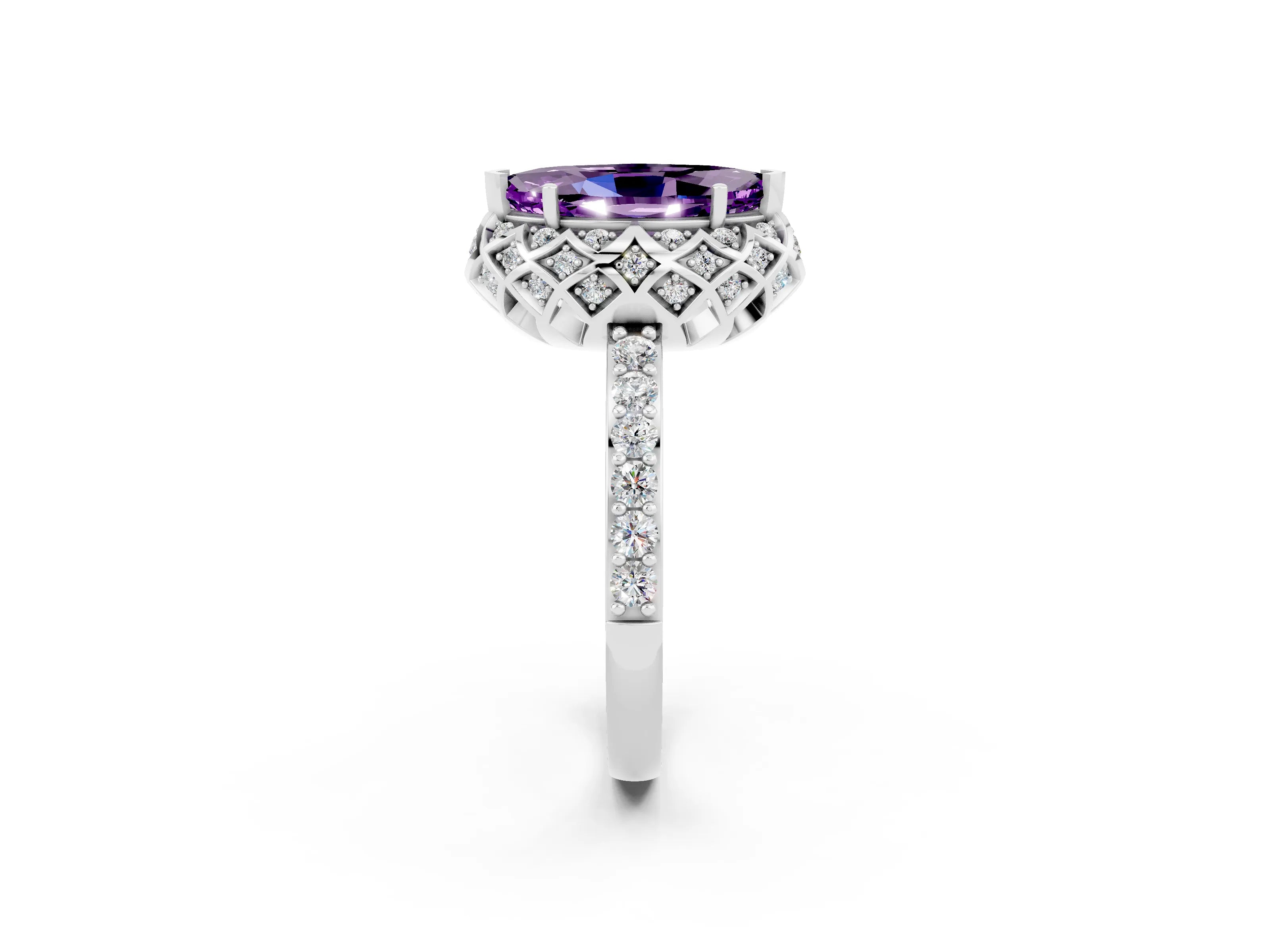 White gold Marquise Cut Diamond Solitaire Ring with Shared Prong Pavé Band_2