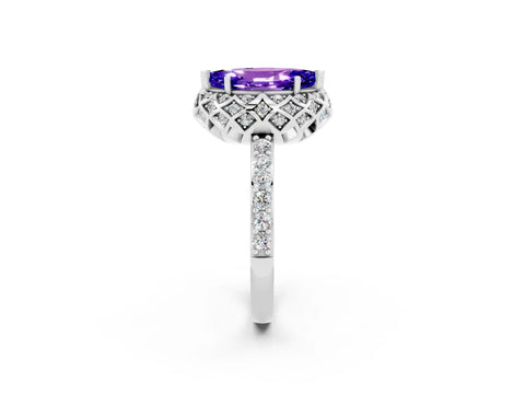 White gold Marquise Cut Diamond Solitaire Ring with Shared Prong Pavé Band_2