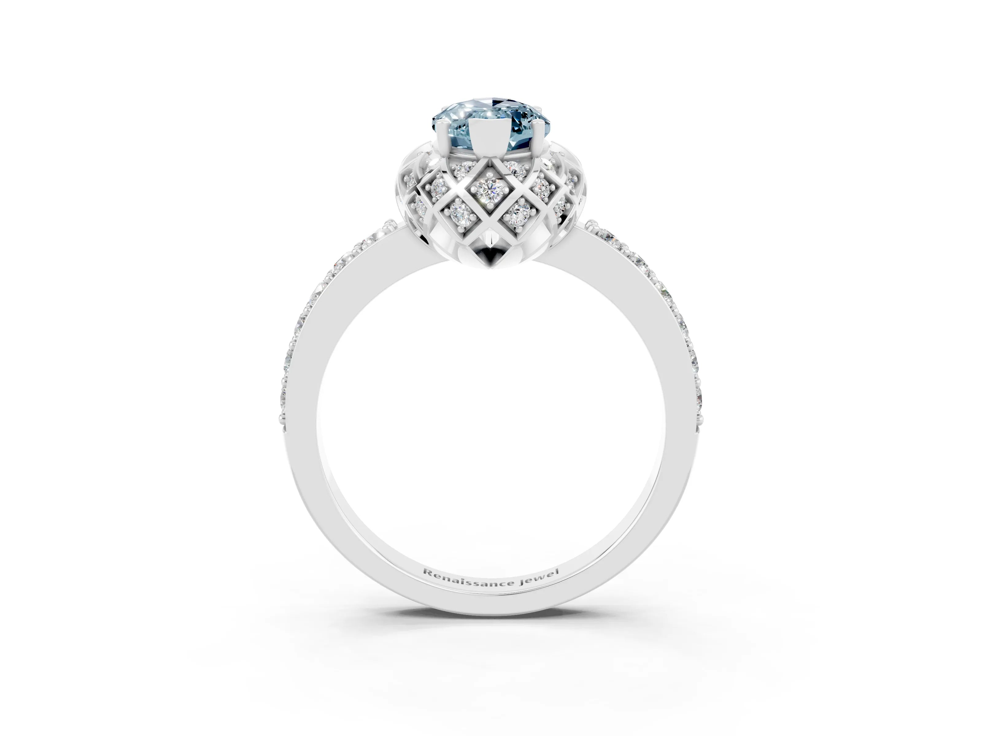 White gold Marquise Cut Diamond Solitaire Ring with Shared Prong Pavé Band_3