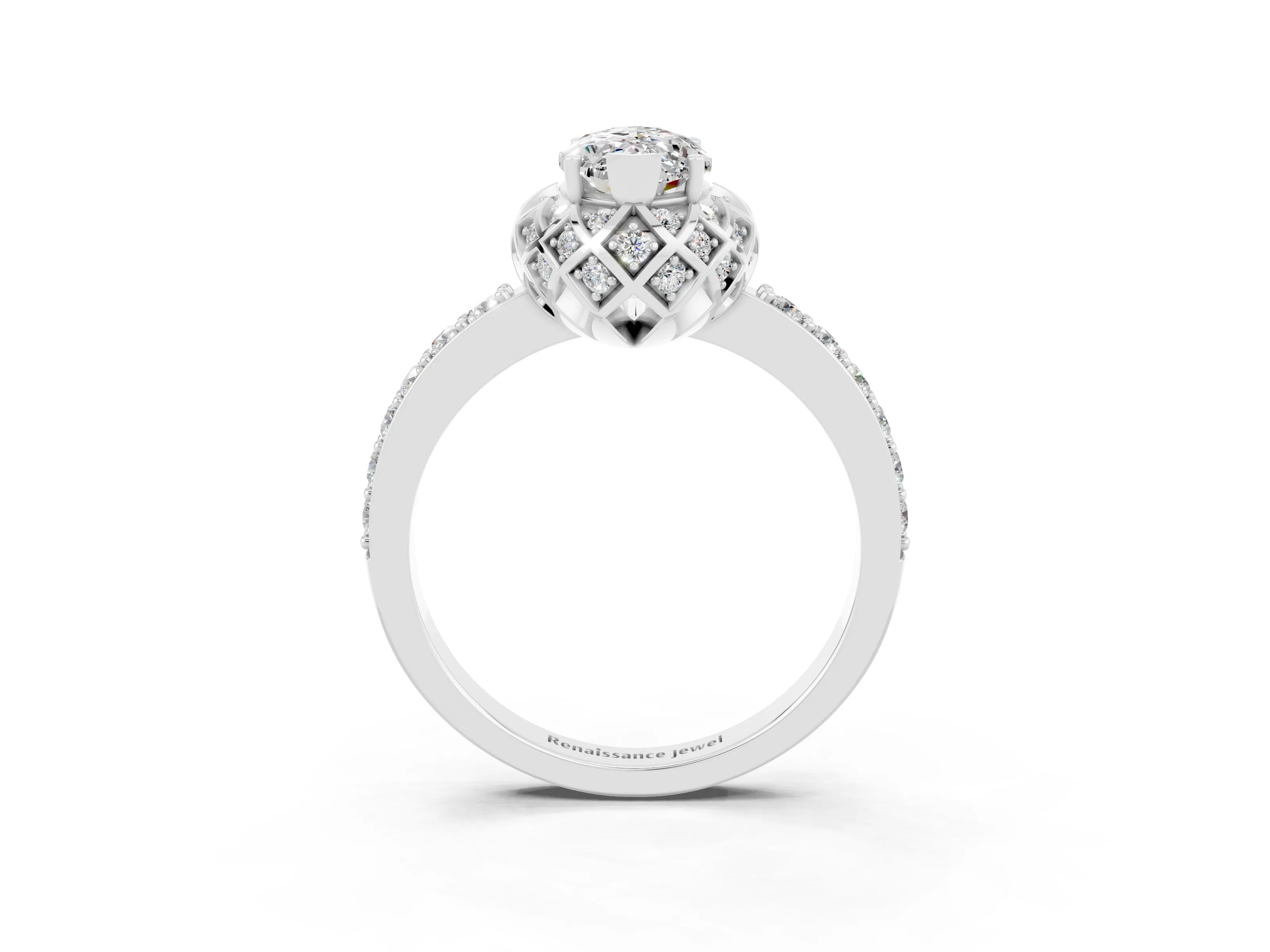 White gold Marquise Cut Diamond Solitaire Ring with Shared Prong Pavé Band_3