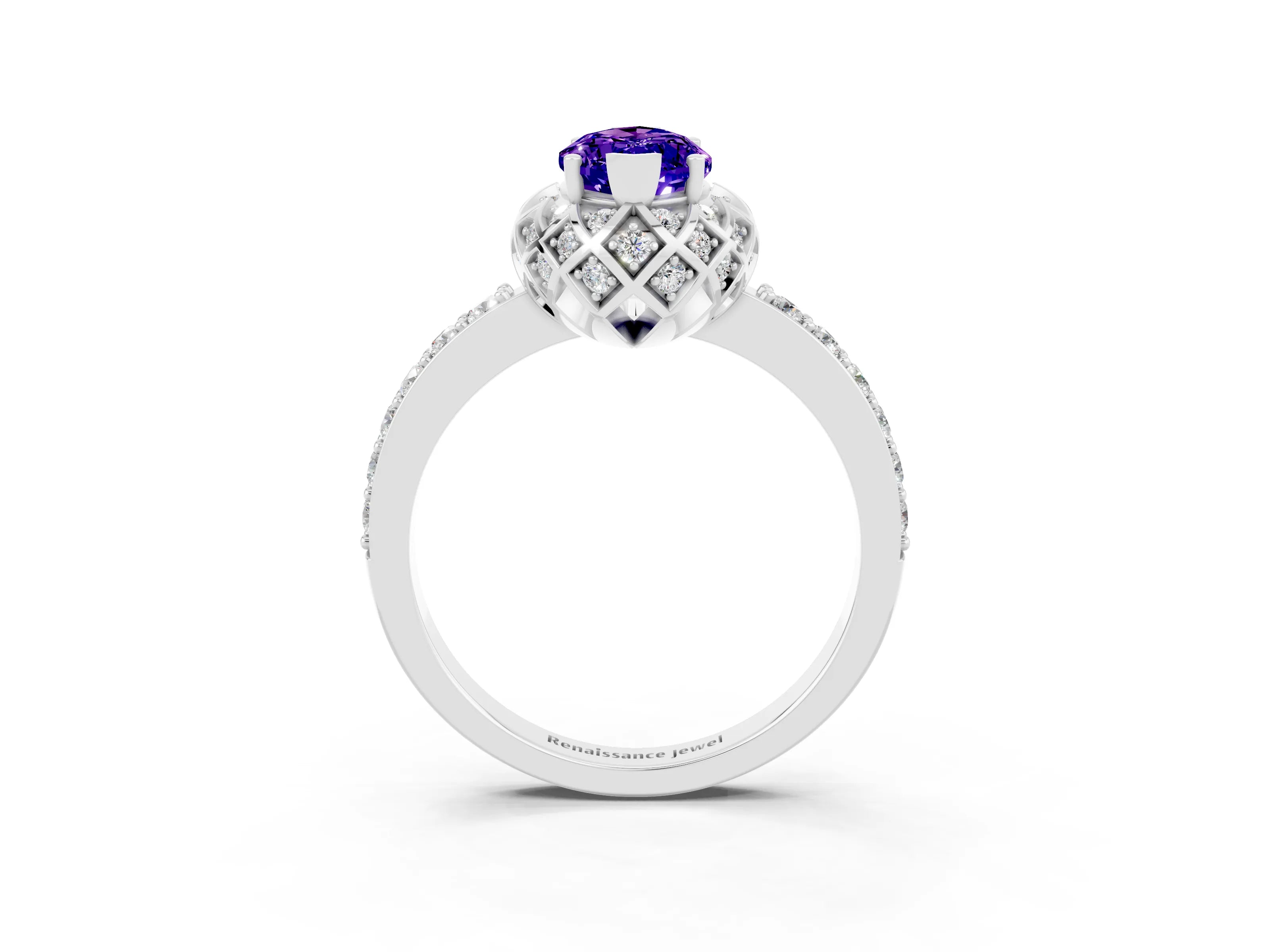 White gold Marquise Cut Diamond Solitaire Ring with Shared Prong Pavé Band_3