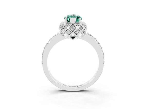 White gold Marquise Cut Green Sapphire Scalloped Halo Engagement Ring with Round Shared Prong Band