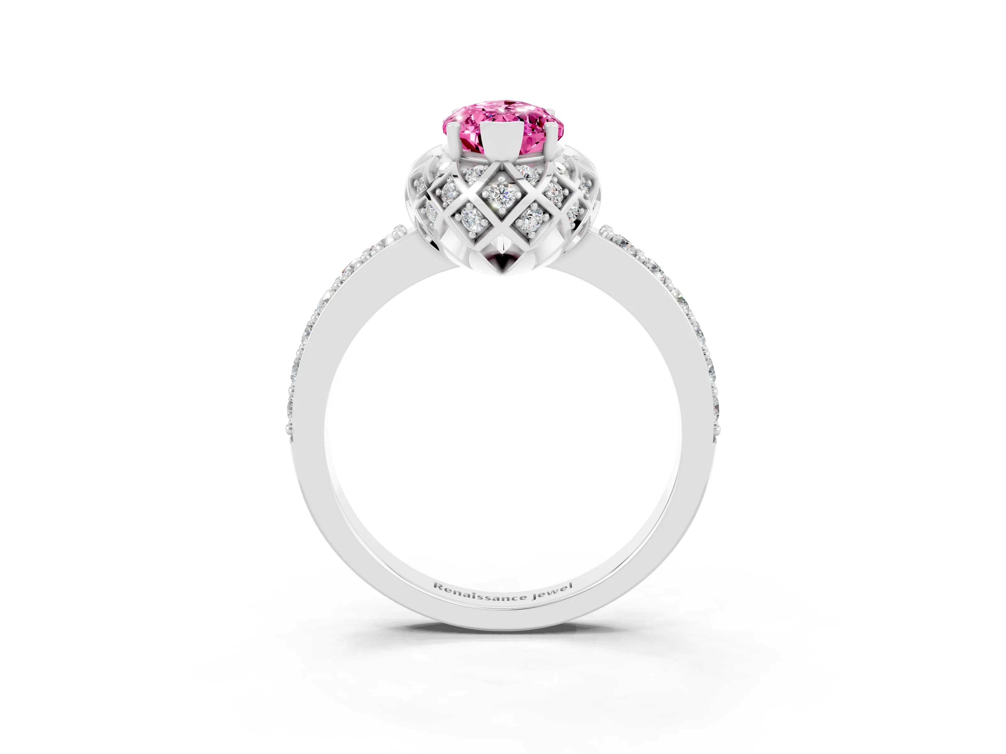 White gold Marquise Cut Diamond Solitaire Ring with Shared Prong Pavé Band_3