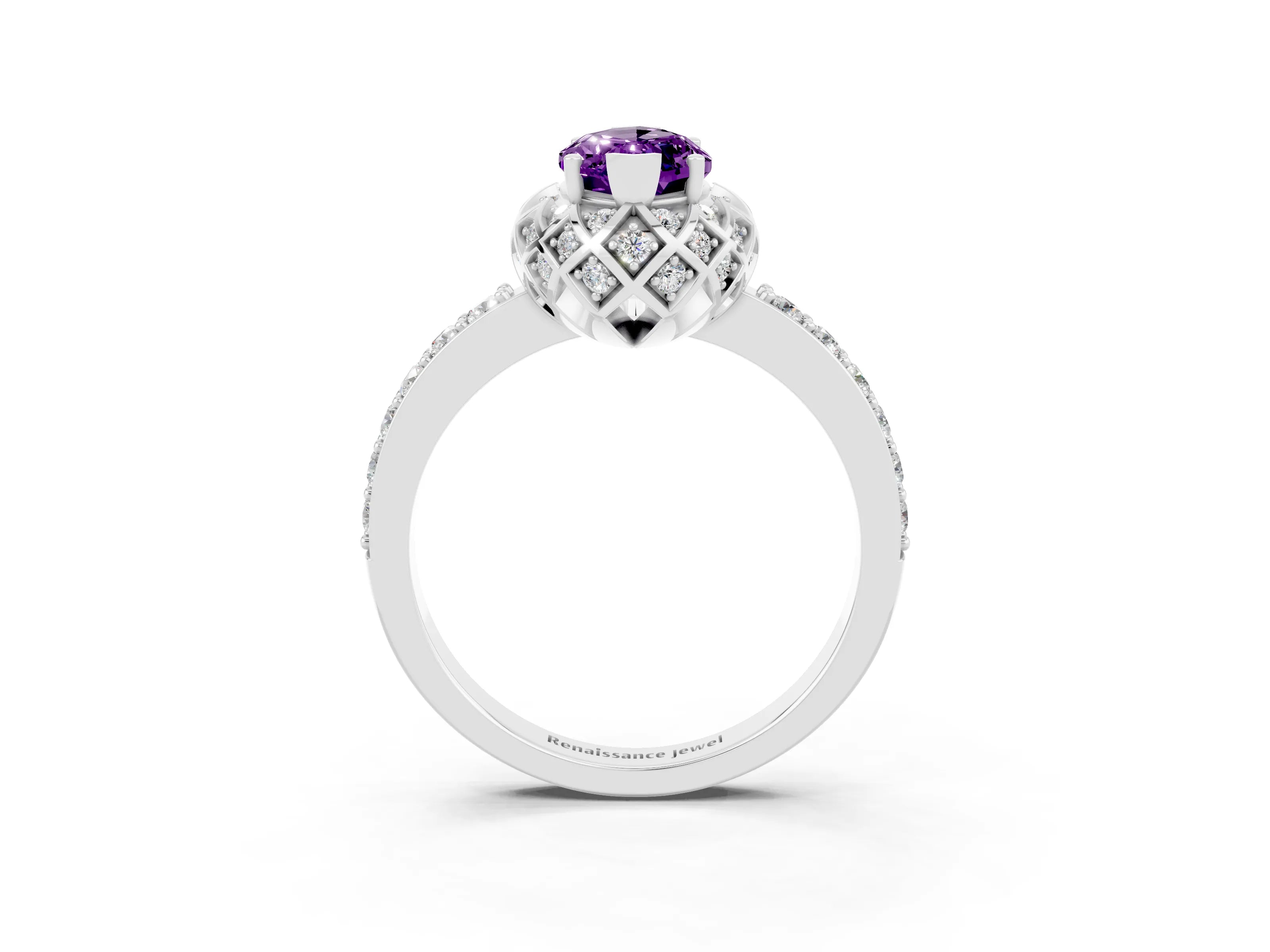 White gold Marquise Cut Diamond Solitaire Ring with Shared Prong Pavé Band_3