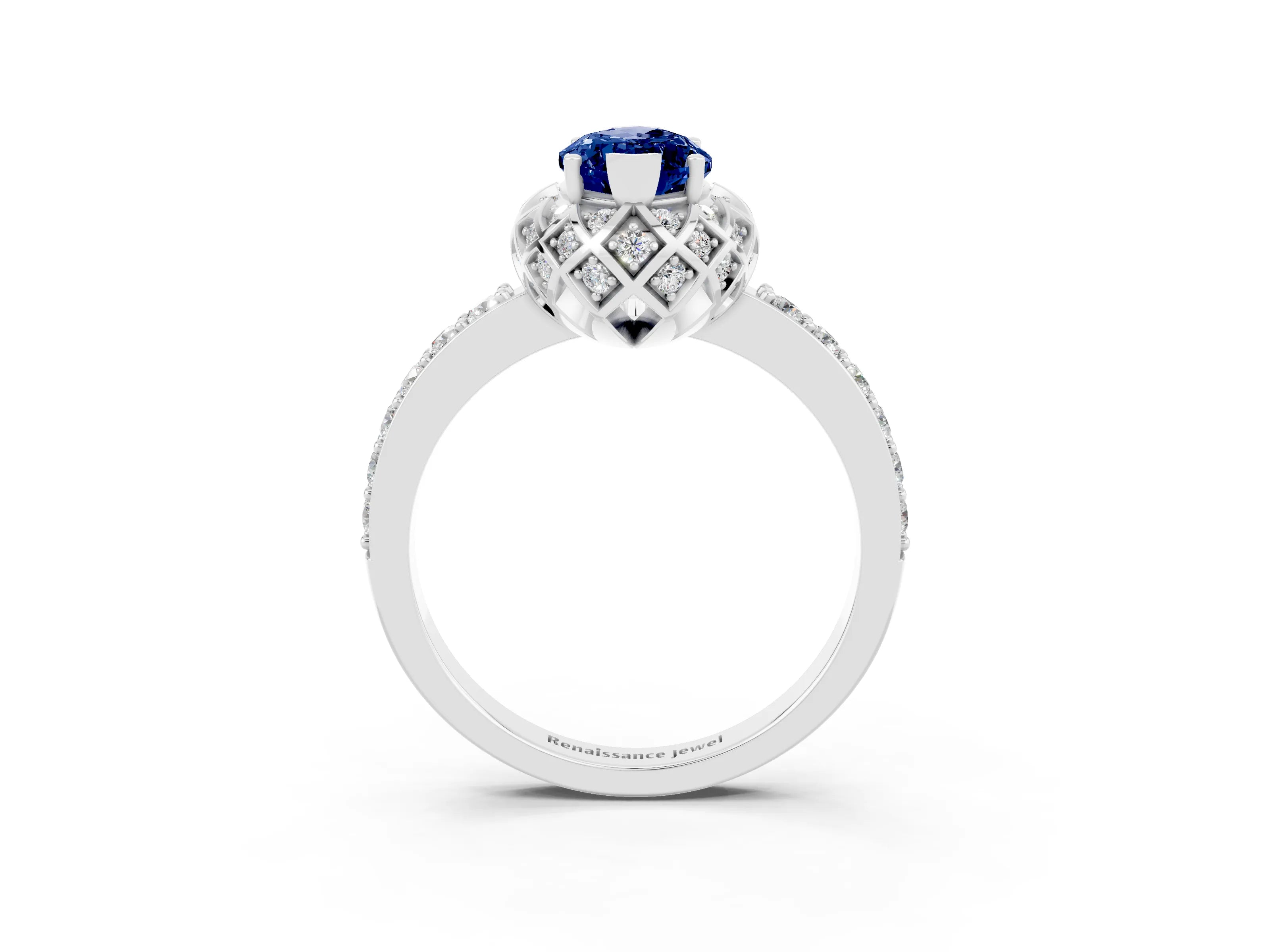 White gold Marquise Cut Diamond Solitaire Ring with Shared Prong Pavé Band_3