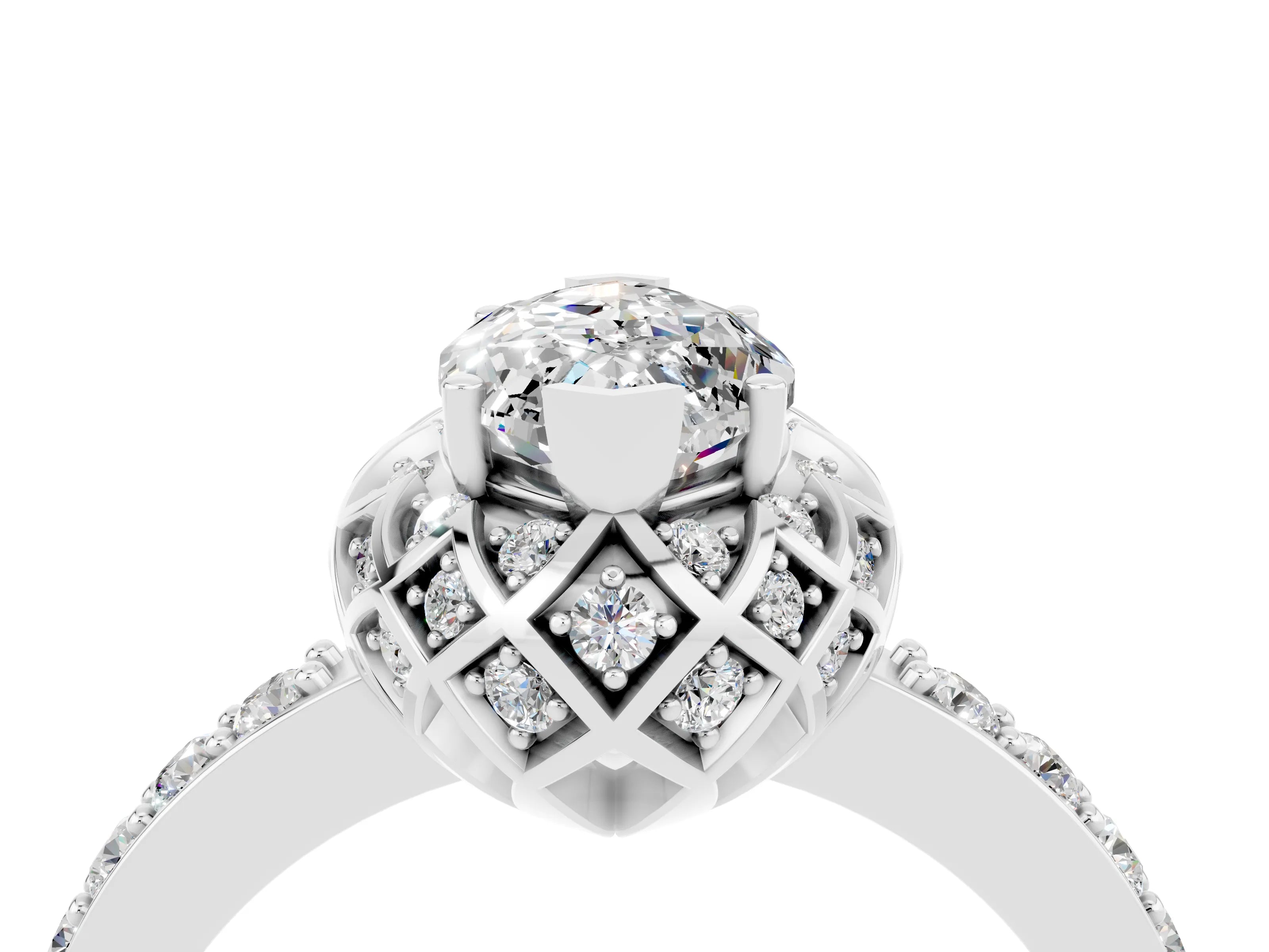 White gold Marquise Cut Diamond Solitaire Ring with Shared Prong Pavé Band_4