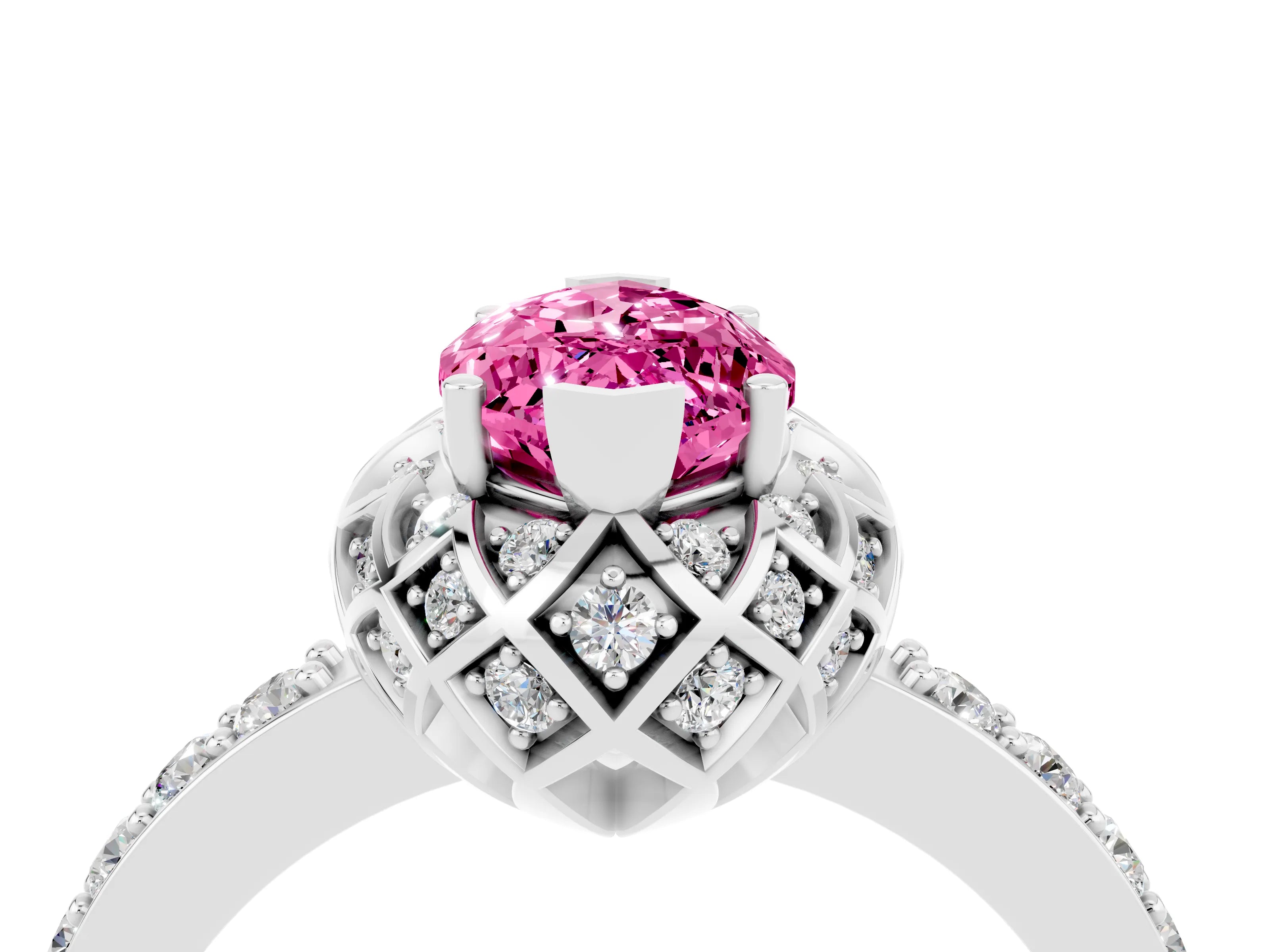 White gold Marquise Cut Diamond Solitaire Ring with Shared Prong Pavé Band_4