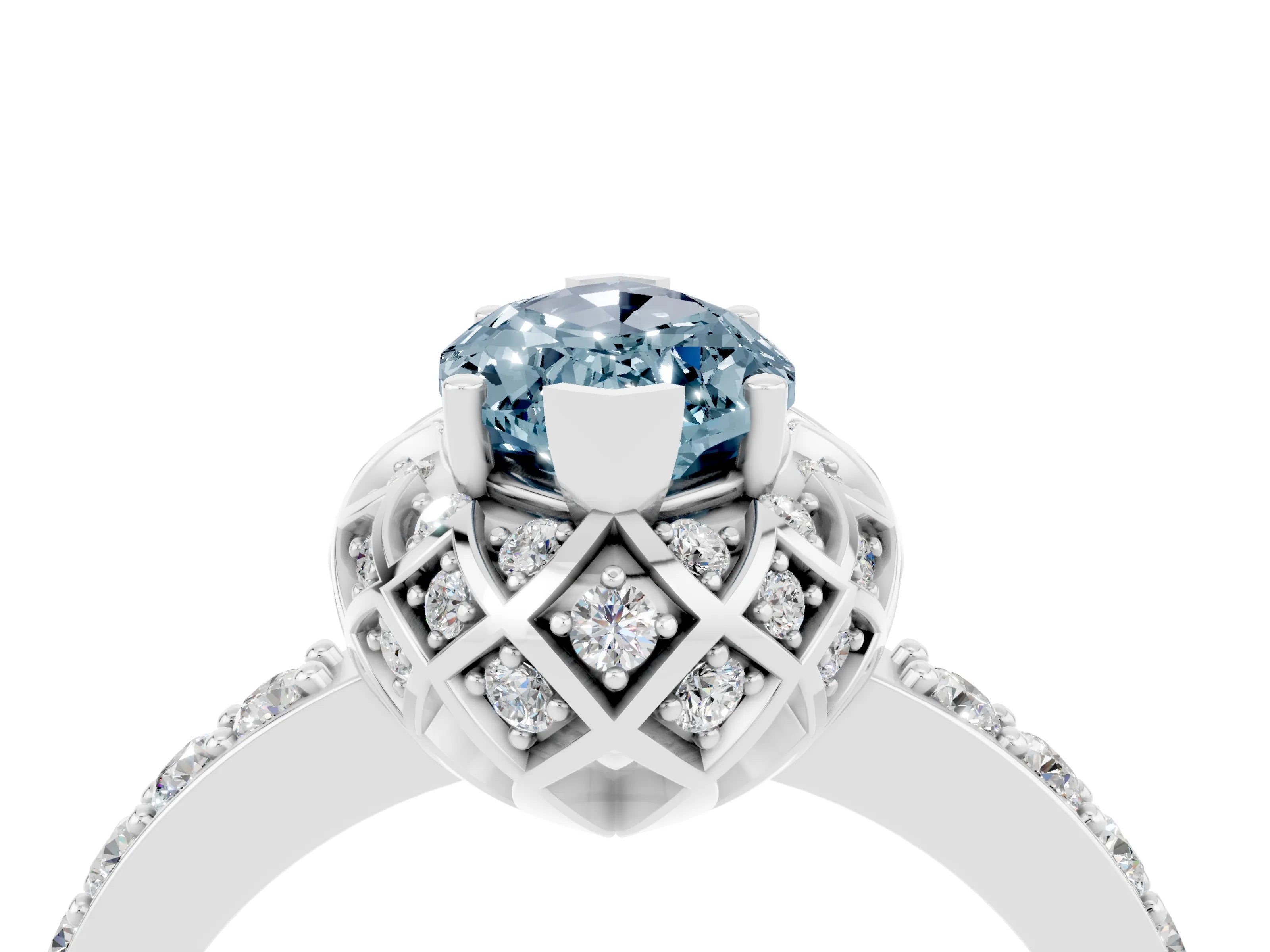 White gold Marquise Cut Diamond Solitaire Ring with Shared Prong Pavé Band_4