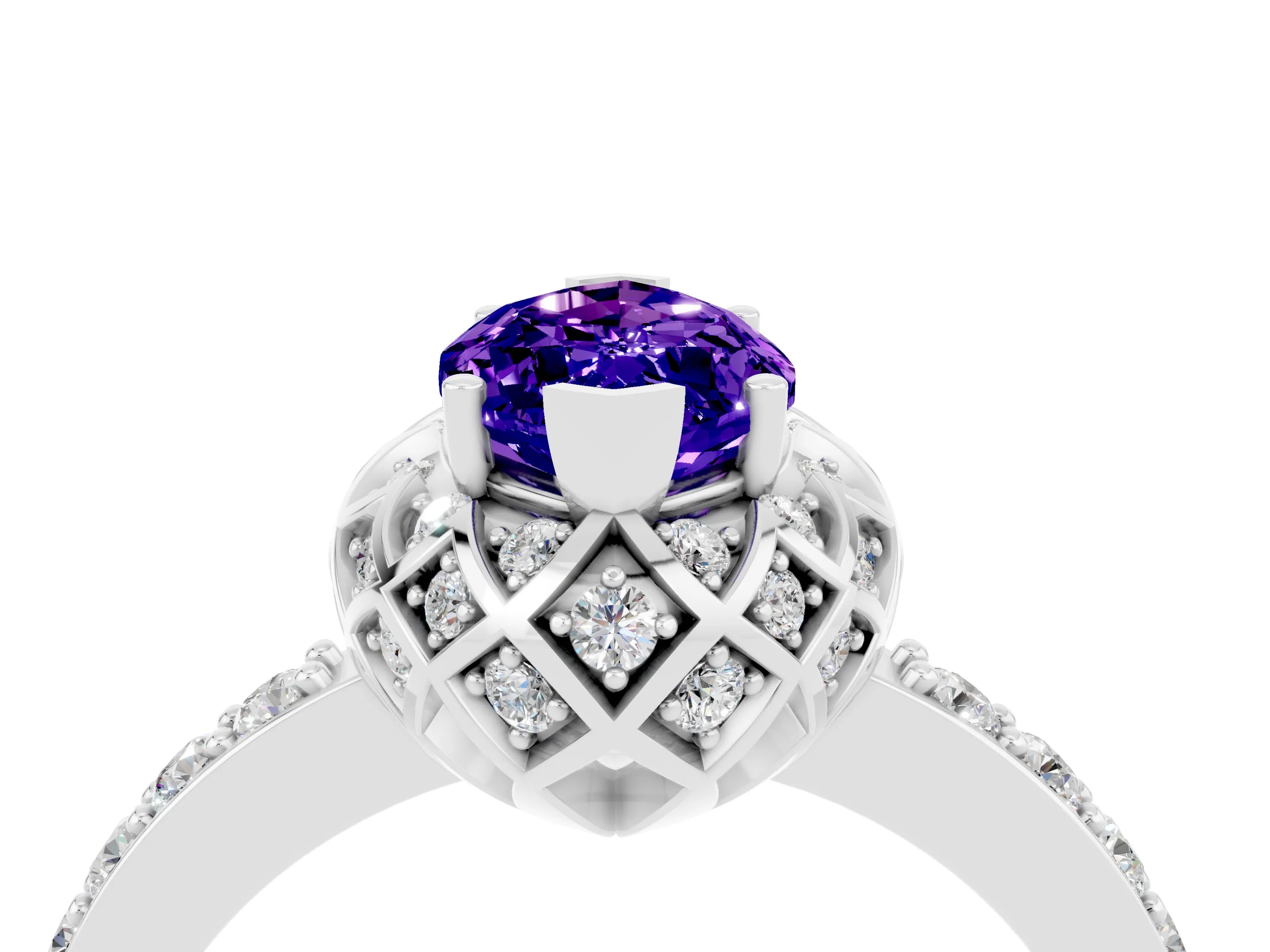 White gold Marquise Cut Diamond Solitaire Ring with Shared Prong Pavé Band_4