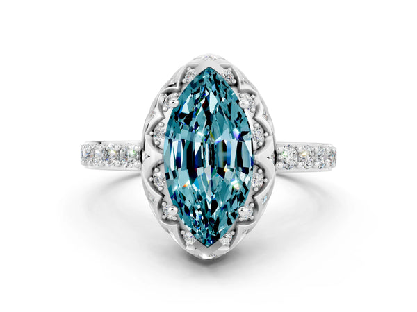 Platinum Marquise Cut Diamond Solitaire Ring with Shared Prong Pavé Band