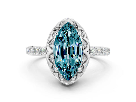 White gold Marquise Cut Diamond Solitaire Ring with Shared Prong Pavé Band