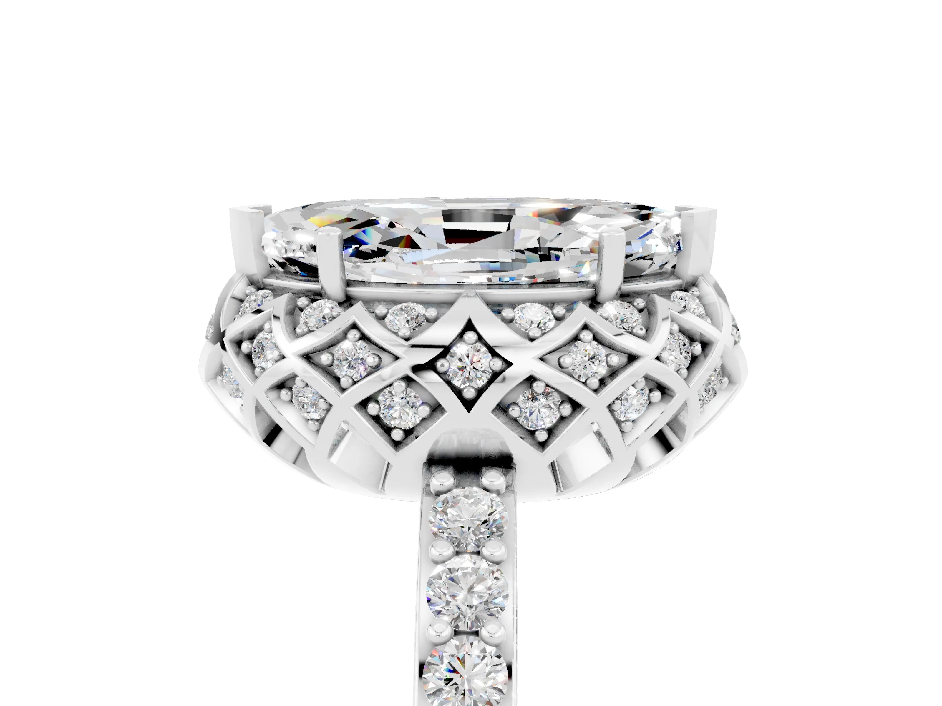 White gold Marquise Cut Diamond Solitaire Ring with Shared Prong Pavé Band_5