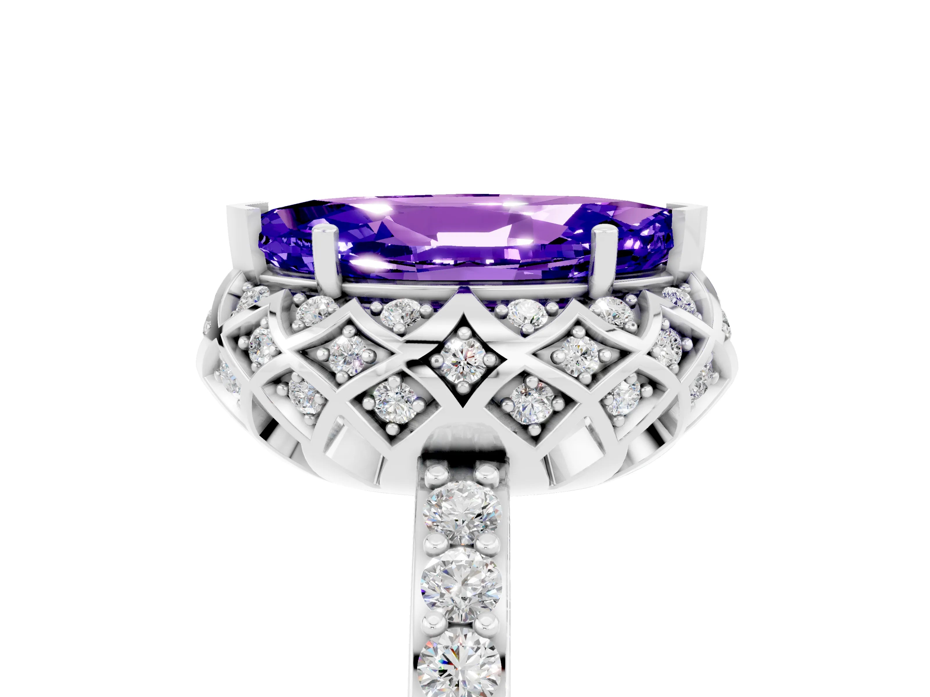 White gold Marquise Cut Diamond Solitaire Ring with Shared Prong Pavé Band_5