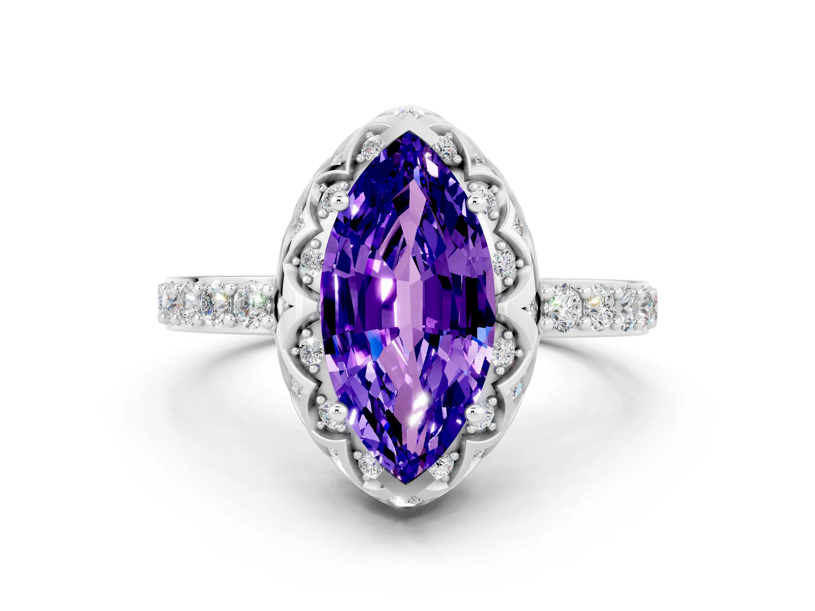 White gold Marquise Cut Diamond Solitaire Ring with Shared Prong Pavé Band
