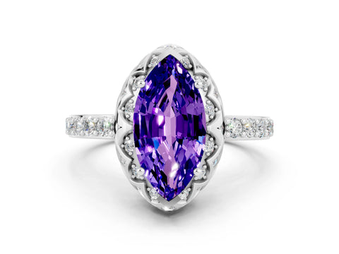 White gold Marquise Cut Diamond Solitaire Ring with Shared Prong Pavé Band