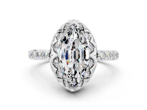 White gold Marquise Cut Diamond Solitaire Ring with Shared Prong Pavé Band