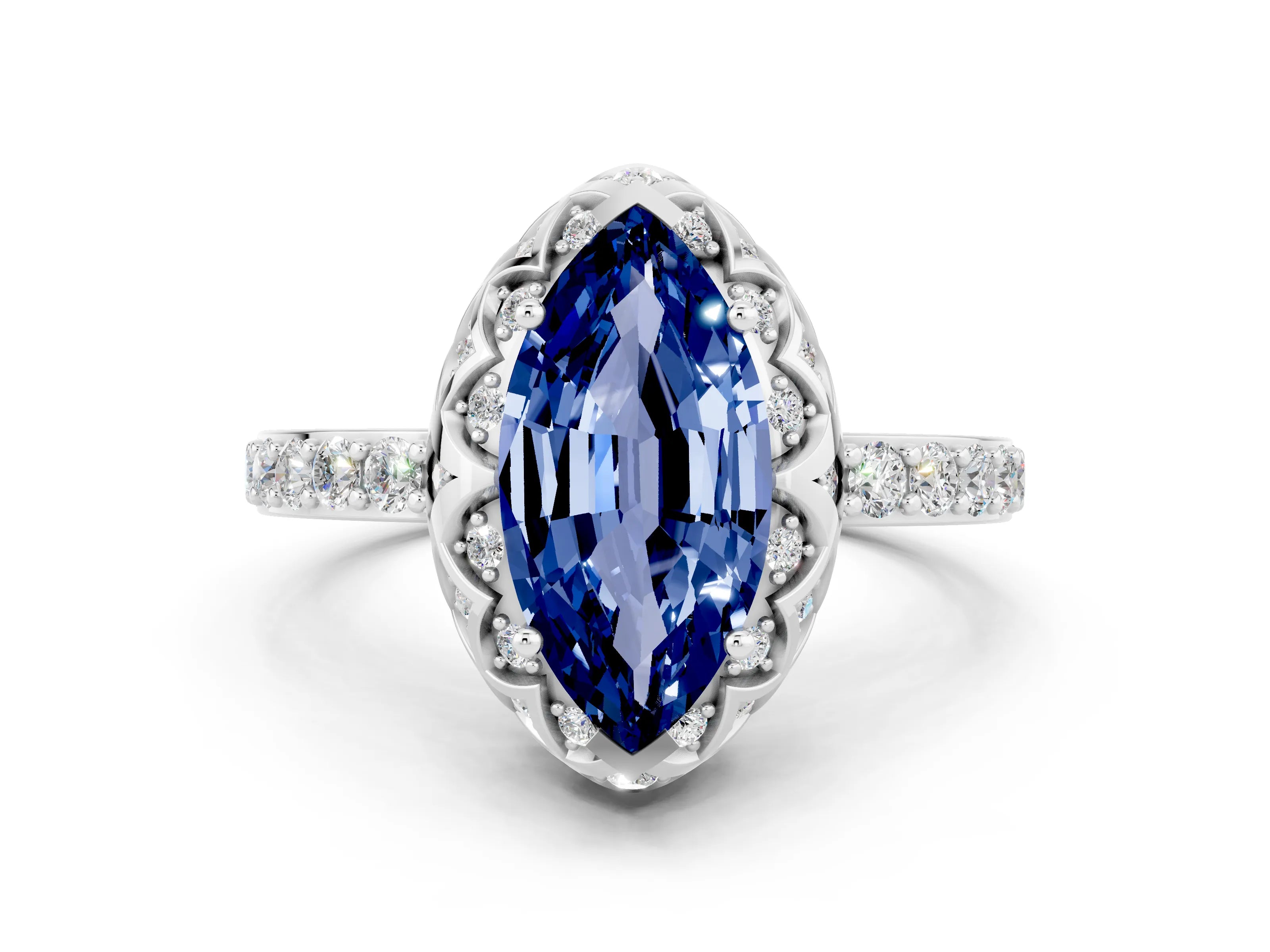 White gold Marquise Cut Diamond Solitaire Ring with Shared Prong Pavé Band