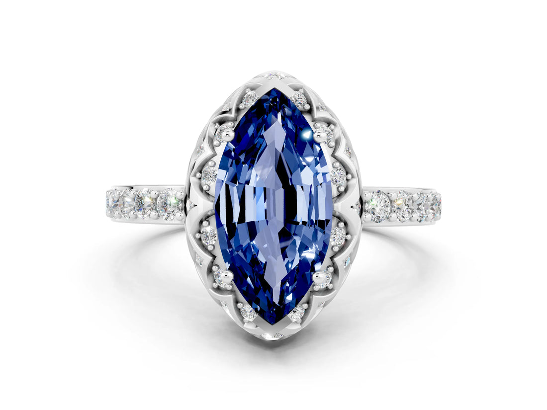 White gold Marquise Cut Diamond Solitaire Ring with Shared Prong Pavé Band