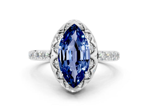 White gold Marquise Cut Diamond Solitaire Ring with Shared Prong Pavé Band